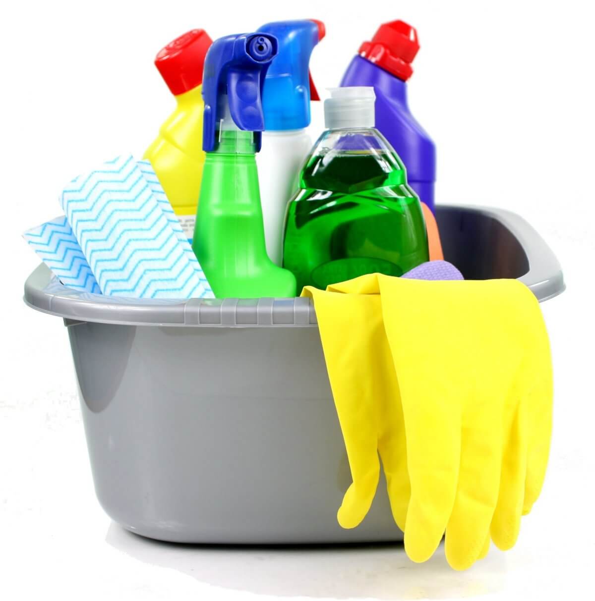 Cleaners, cleaning gloves and detergents in a basket 