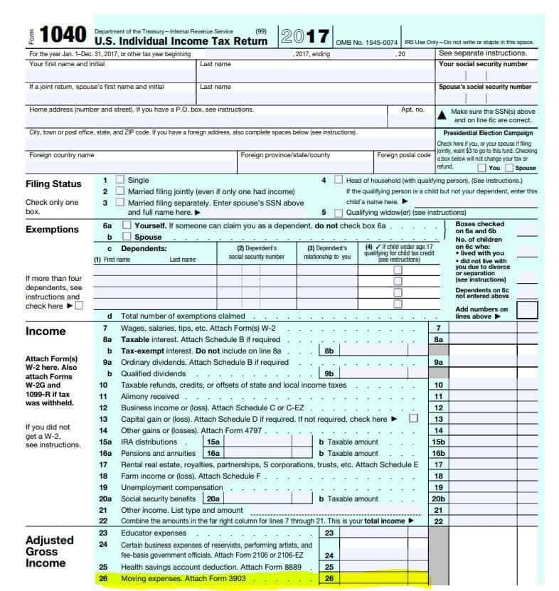 US 1040 form for tax deduction