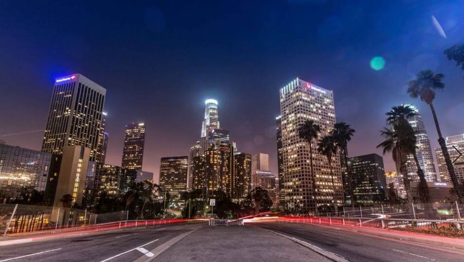 LA night skyline in the high way