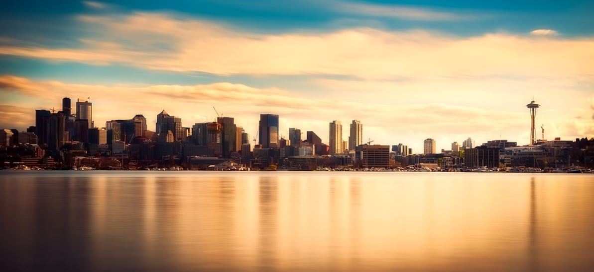 Seattle dusk view across from ocean