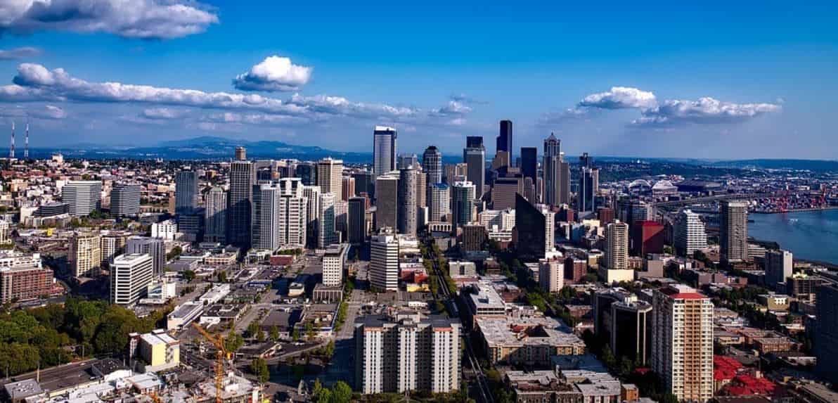 Seattle downtown and bluebirds sky