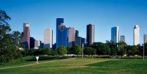 Houston buildings from the park view